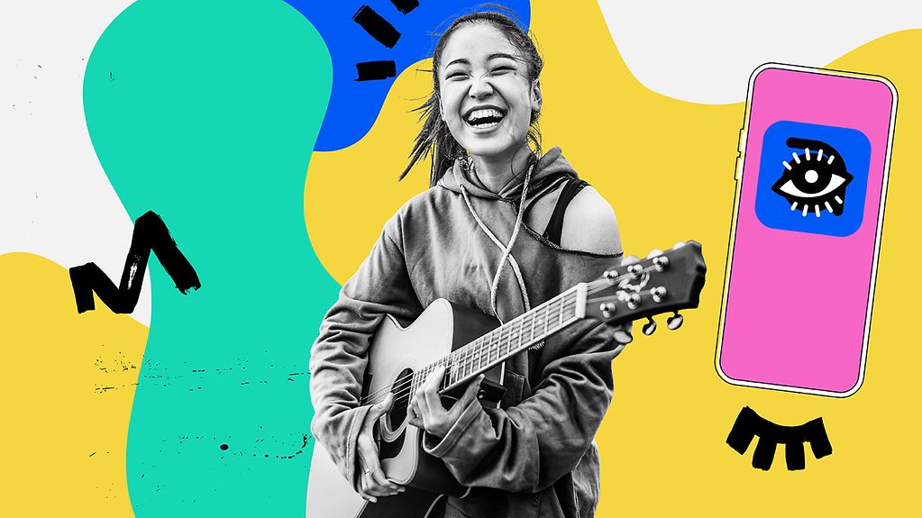 Zeigt Mädchen an einer Gitarre, bewirbt KulturPass
