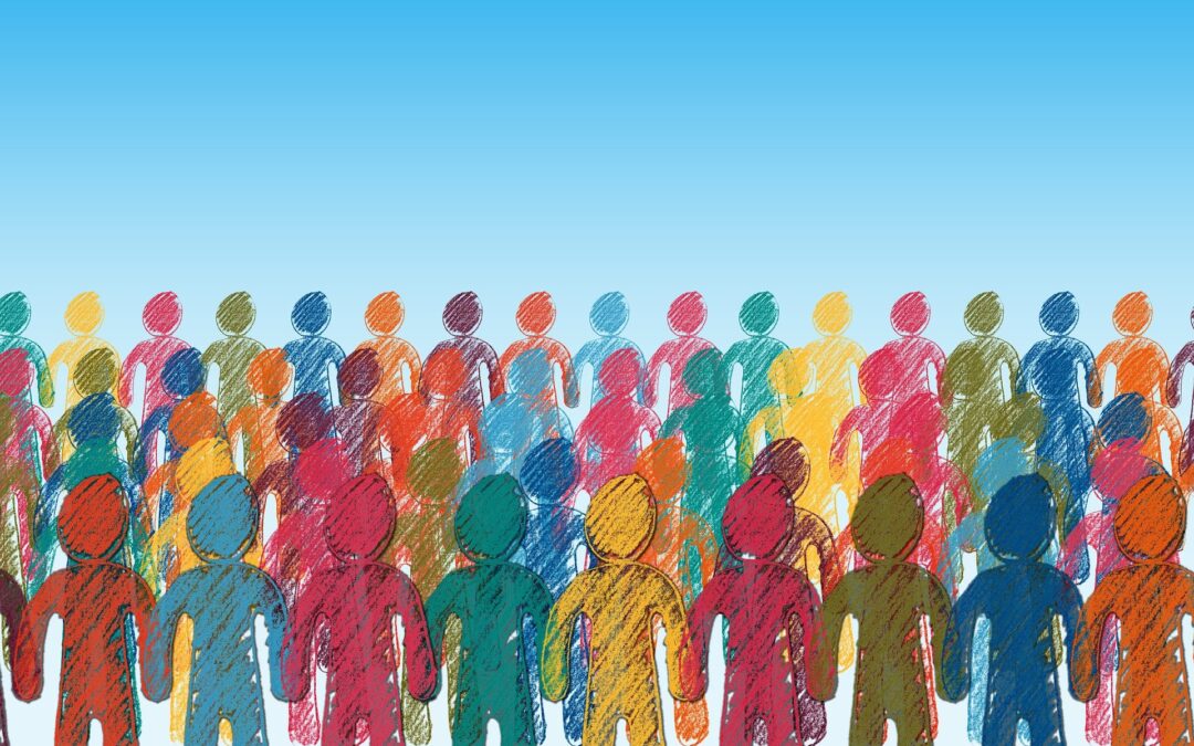 Zeigt viele Menschen die sich an der Hand nehmen