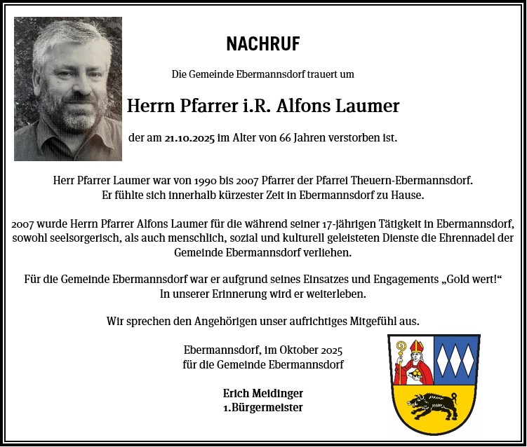 Zeigt die Traueranzeige von Herrn Pfarrer i.R. Alfons Laumer