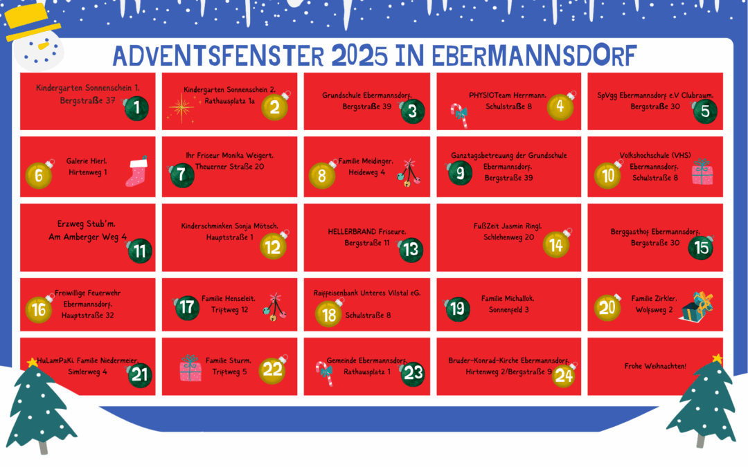 Zeigt den Flyer als Art Adventskalender mit den jeweiligen Adressen zu den liebevoll gestalteten Adventsfenstern in der Gemeinde Ebermannsdorf