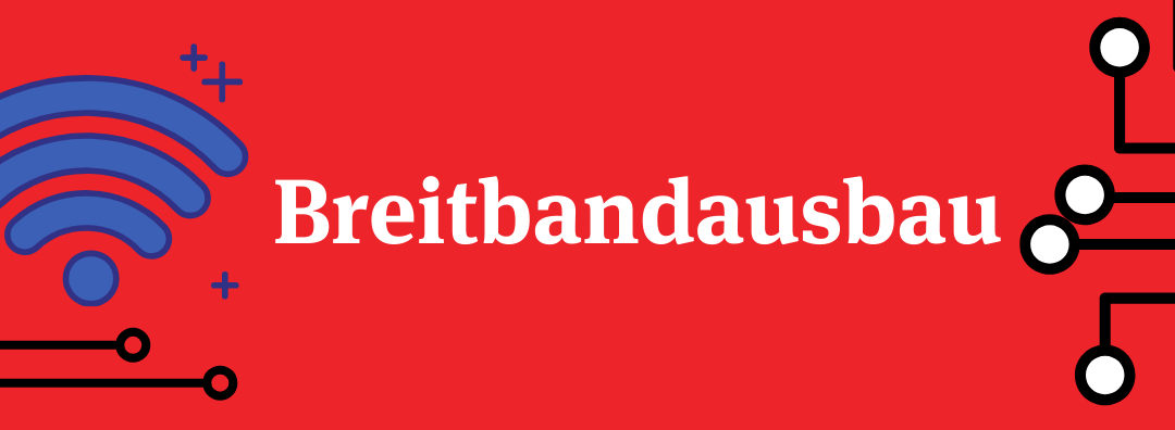 Zeigt das Wort Breitbandausbau mit einem W-Lanzeichen in den Farben der Gemeinde Ebermannsdorf