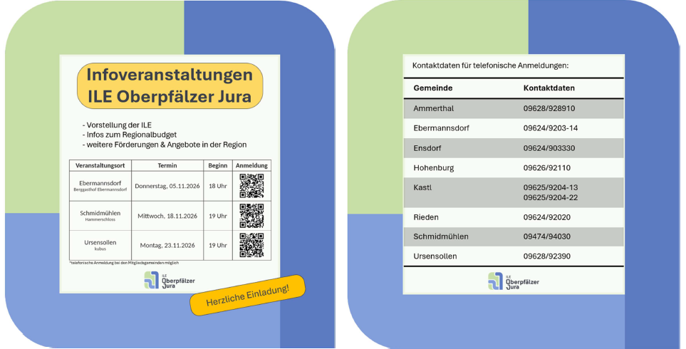 zeigt Werbeflyer zu den 3 Infoveranstaltungen der ILE Oberpfälzer Jura in Ebermannsdorf im Berggasthof am Donnerstag, den 15.11.2026 um 18 Uhr, in Schmidmühlen im Hammerschloss am Mittwoch den 18.11.2026 um 19 Uhr und in Ursensollen im Kubus am Montag den 23.11.2026 um 19 Uhr sowie die jeweiligen Telefonnummern zur Anmeldung der folgenden Kommunen: Ammerthal, Ebermannsdorf, Ensdorf, Hohenburg, Kastl, Rieden, Schmidmühlen, Ursensollen